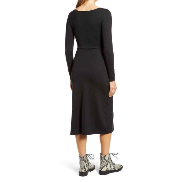 Leith Womens S Scoop Neck Long Sleeve Side Slit Midi Dress Black Stretch NEW - Picture 2 of 5